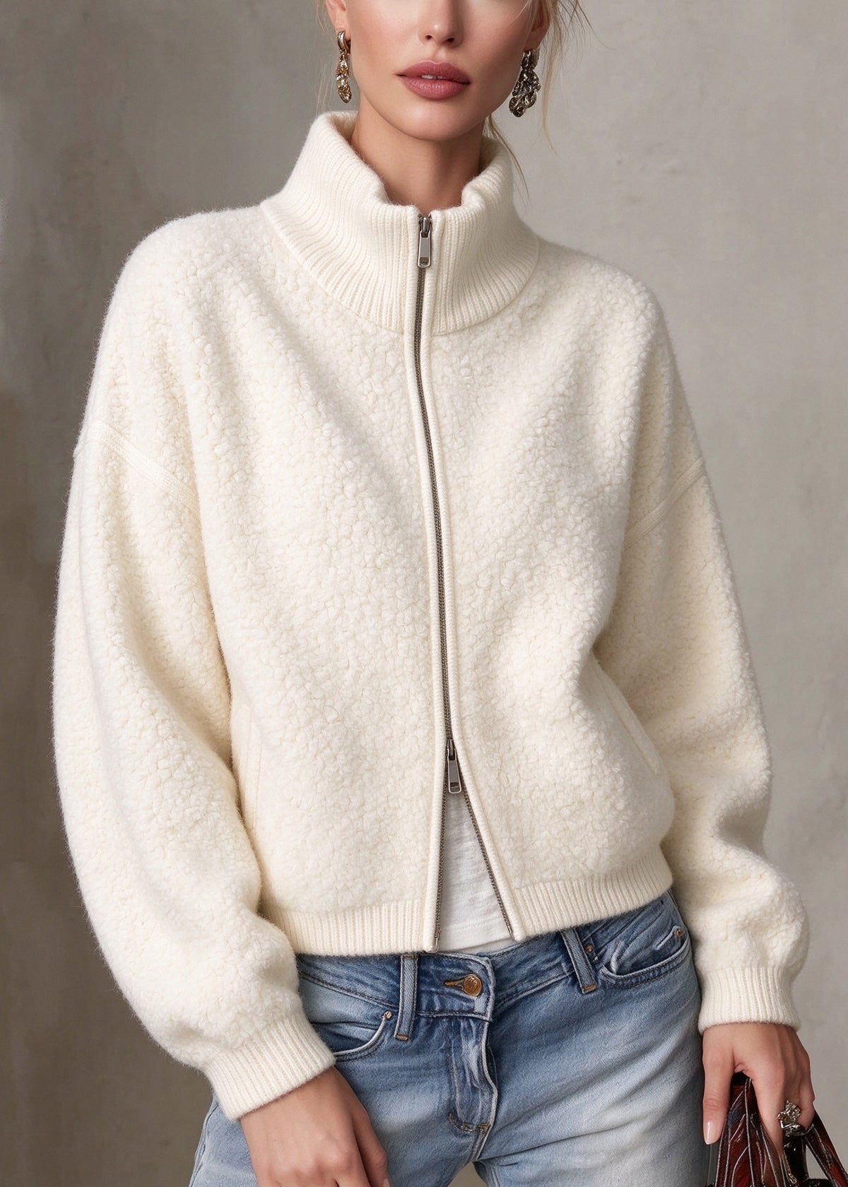 Italian White Hign Neck Zippered Woolen Jacket Winter