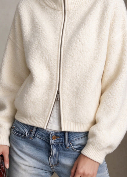 Italian White Hign Neck Zippered Woolen Jacket Winter