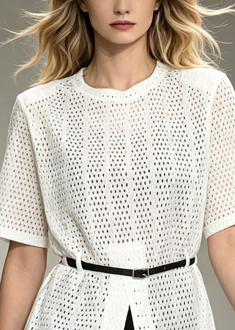 Italian White Hollow Out Side Open Cotton Tops Summer