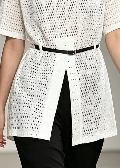 Italian White Hollow Out Side Open Cotton Tops Summer