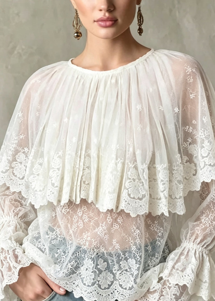 Italian White O Neck Embroidered Patchwork Lace Tops Flare Sleeve