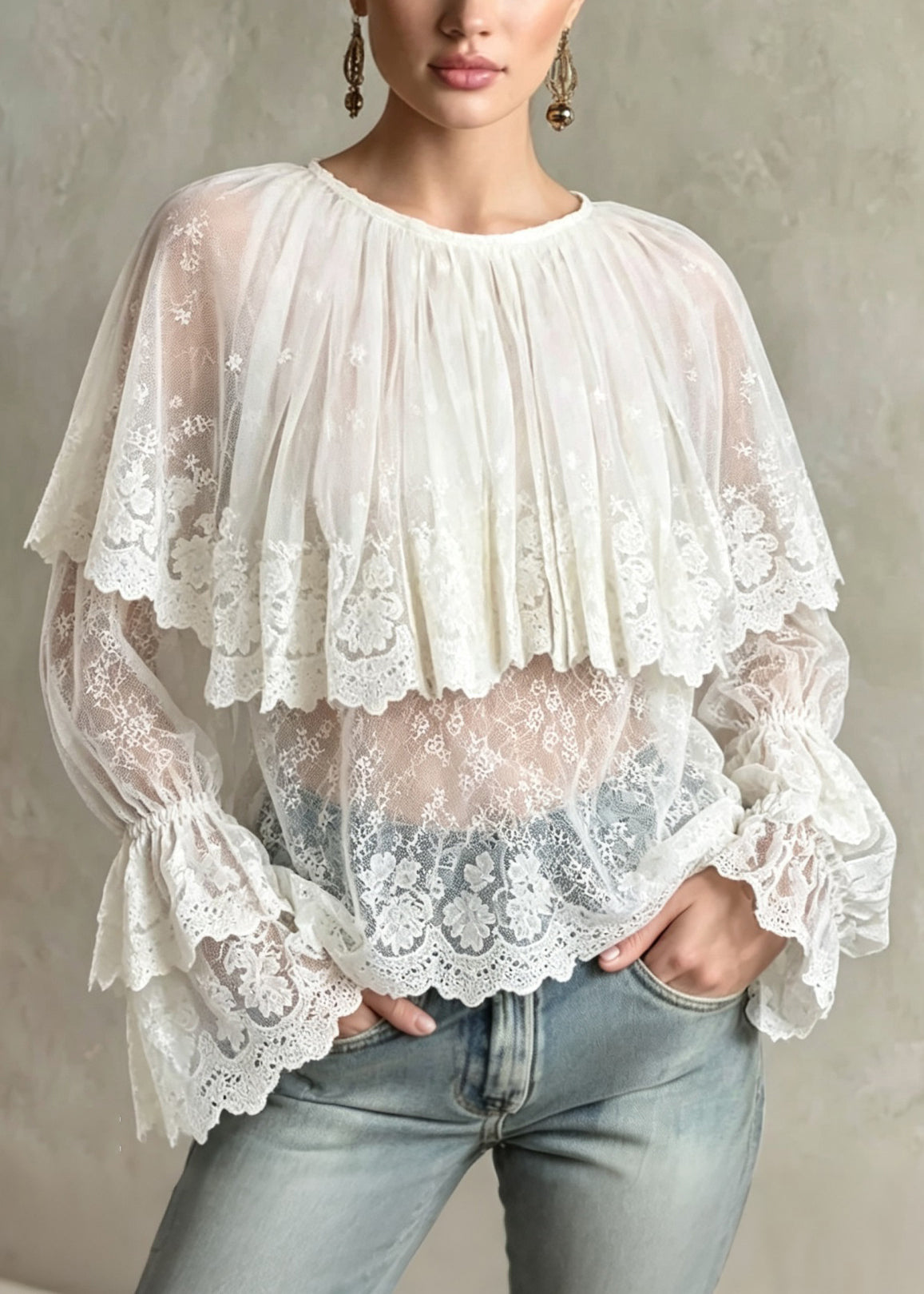 Italian White O Neck Embroidered Patchwork Lace Tops Flare Sleeve