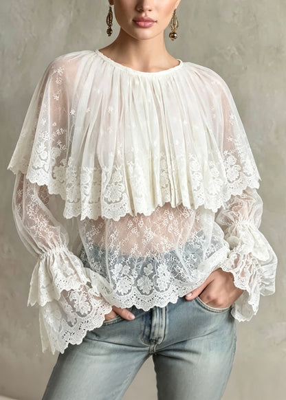 Italian White O Neck Embroidered Patchwork Lace Tops Flare Sleeve