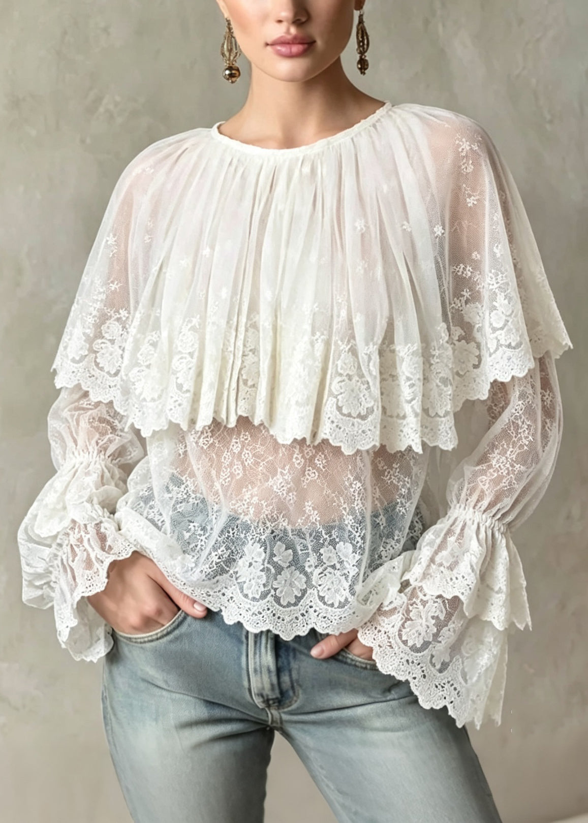Italian White O Neck Embroidered Patchwork Lace Tops Flare Sleeve