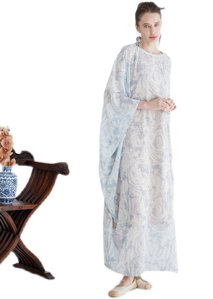 Italian White O Neck Print Cotton Robe Dresses Batwing Sleeve
