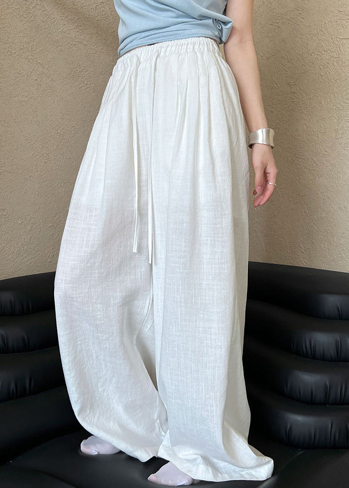 Italian White Oversized Elastic Waist Linen Wide Leg Pants Spring