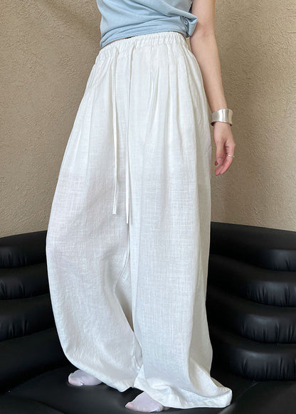 Italian White Oversized Elastic Waist Linen Wide Leg Pants Spring