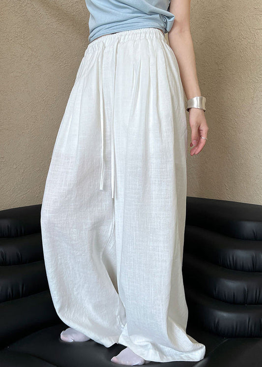 Italian White Oversized Elastic Waist Linen Wide Leg Pants Spring