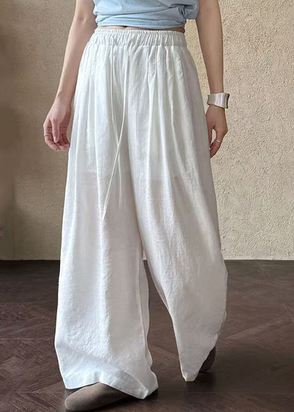 Italian White Oversized Elastic Waist Linen Wide Leg Pants Spring