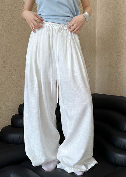 Italian White Oversized Elastic Waist Linen Wide Leg Pants Spring