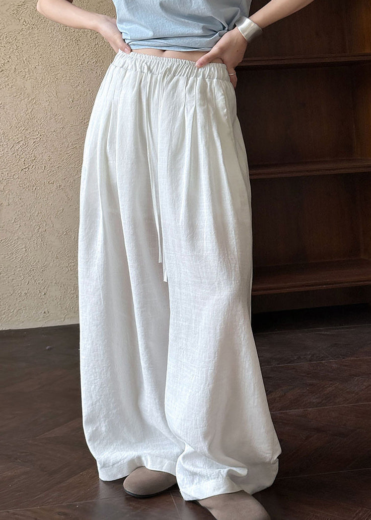 Italian White Oversized Elastic Waist Linen Wide Leg Pants Spring
