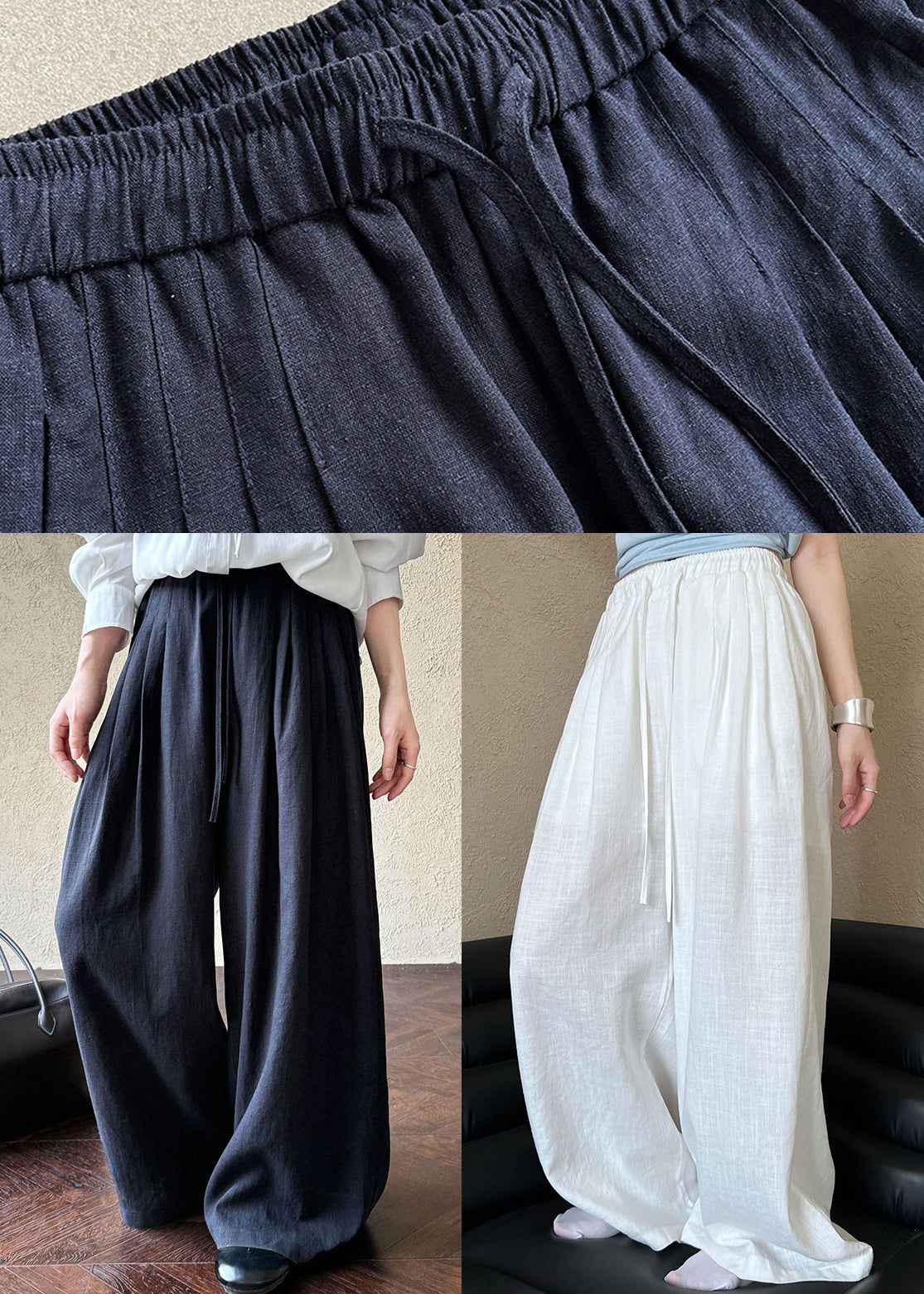 Italian White Oversized Elastic Waist Linen Wide Leg Pants Spring