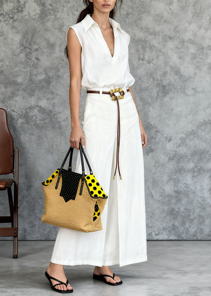 Italian White Peter Pan Collar Tops And Side Open Skirts Linen Two Pieces Set Summer