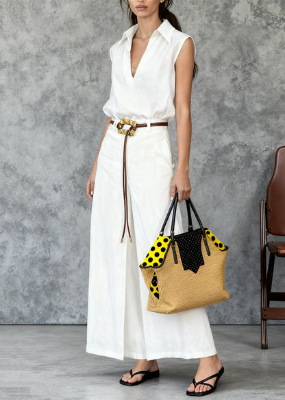 Italian White Peter Pan Collar Tops And Side Open Skirts Linen Two Pieces Set Summer