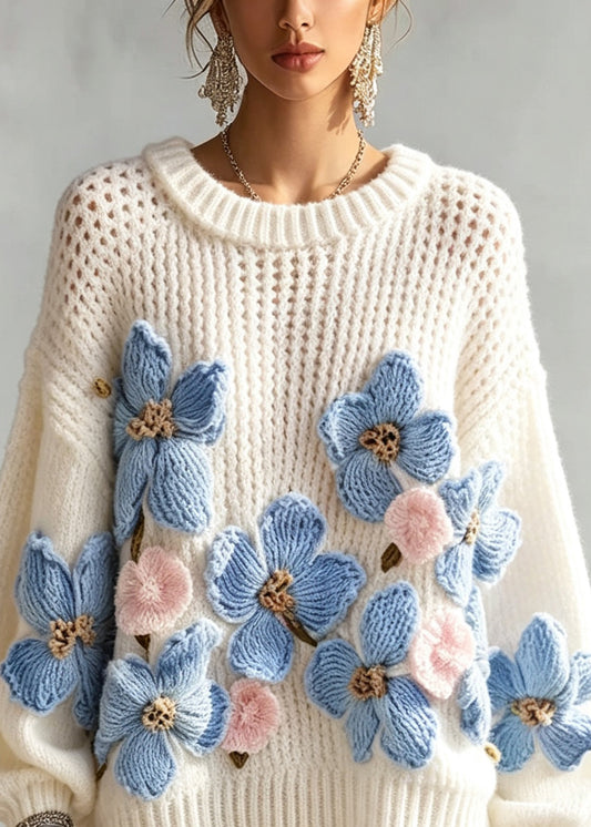 Italian White Print Cotton Knit Sweaters Fall