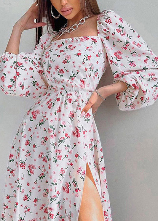 Italian White Print Side Open Chiffon Dress Lantern Sleeve