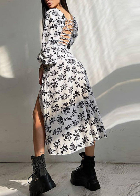 Italian White Print Side Open Chiffon Dress Lantern Sleeve