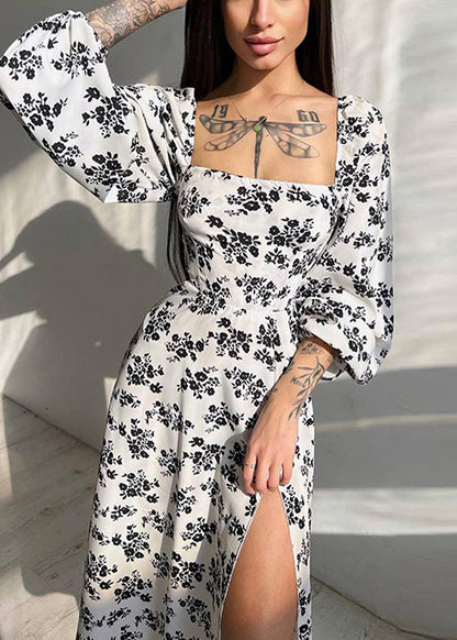 Italian White Print Side Open Chiffon Dress Lantern Sleeve
