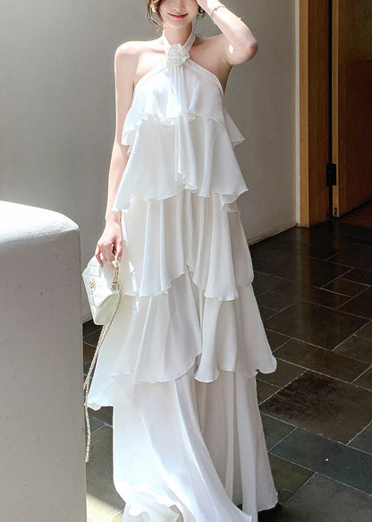 Italian White Ruffled Cold Shoulder Chiffon Halter Dress Summer