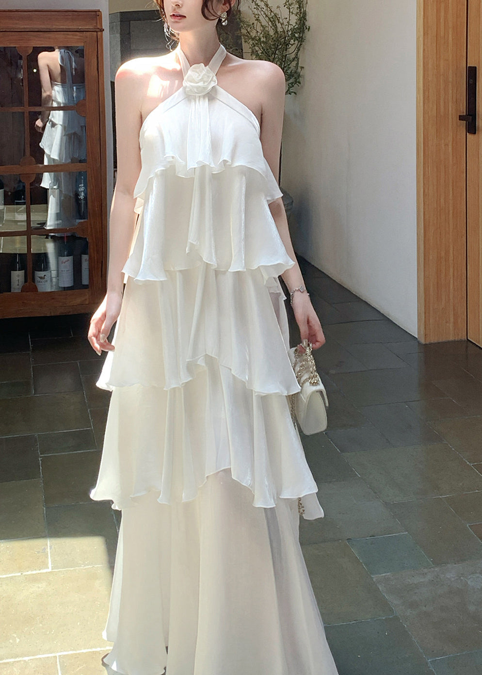 Italian White Ruffled Cold Shoulder Chiffon Halter Dress Summer