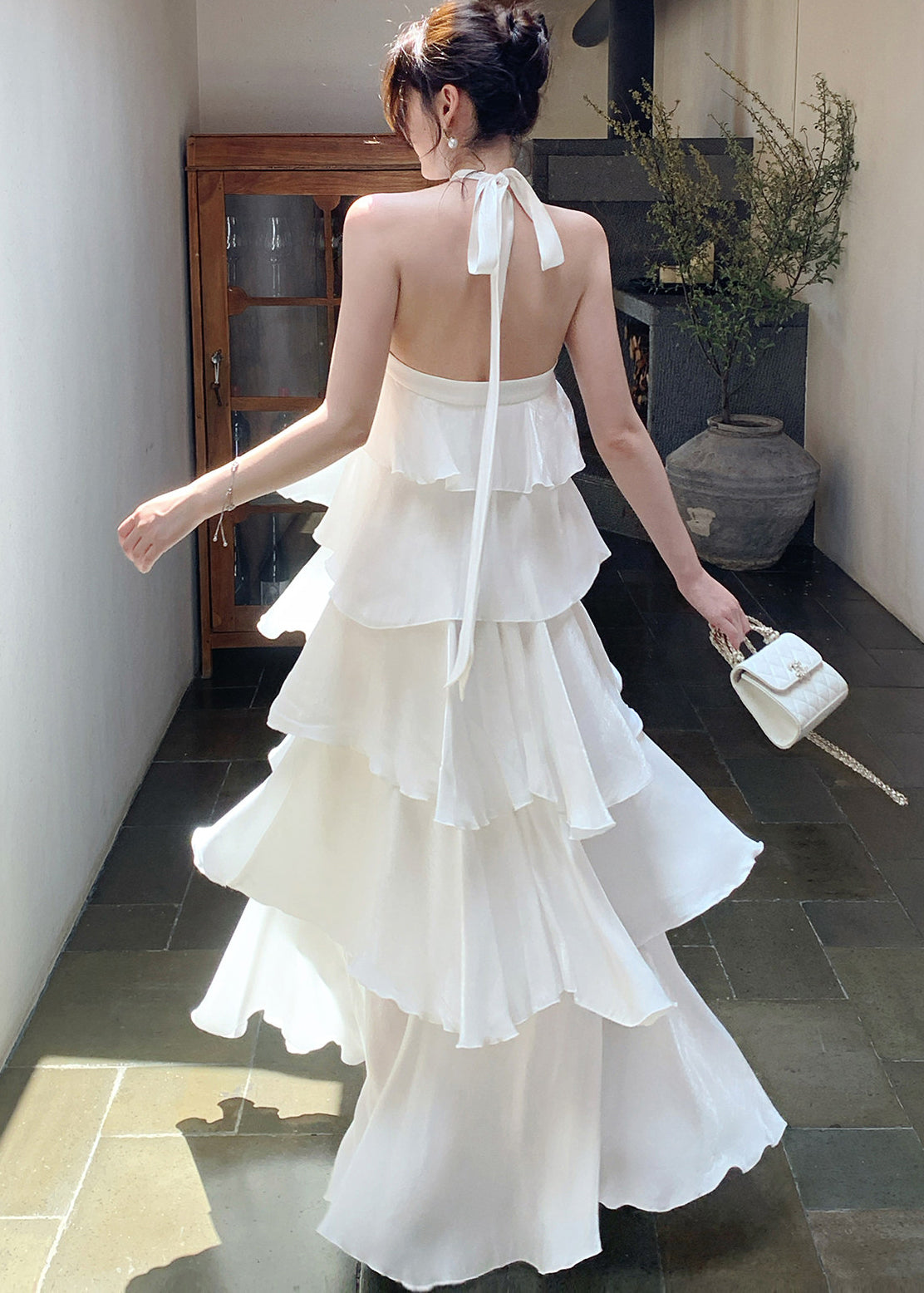 Italian White Ruffled Cold Shoulder Chiffon Halter Dress Summer
