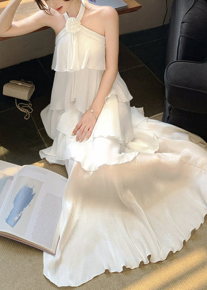Italian White Ruffled Cold Shoulder Chiffon Halter Dress Summer