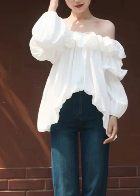 Italian White Ruffled Cold Shoulder Tops Summer