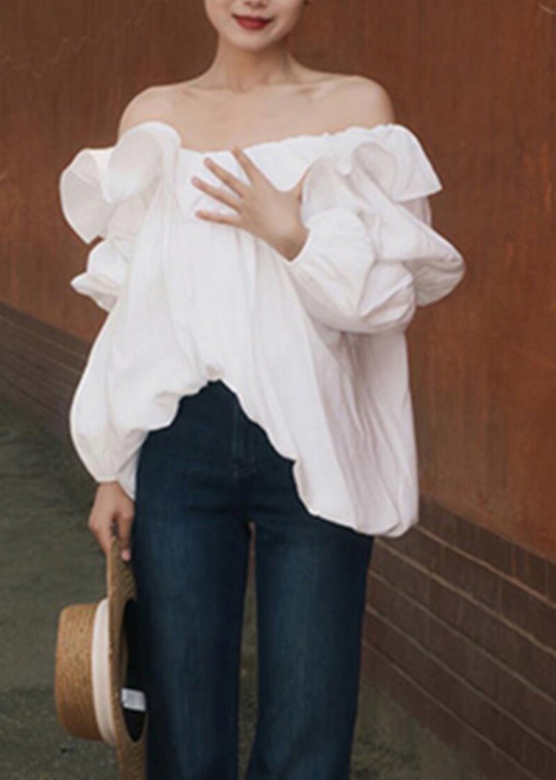 Italian White Ruffled Cold Shoulder Tops Summer