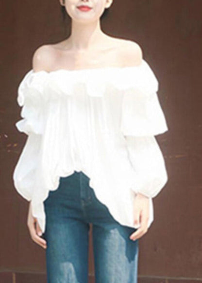 Italian White Ruffled Cold Shoulder Tops Summer