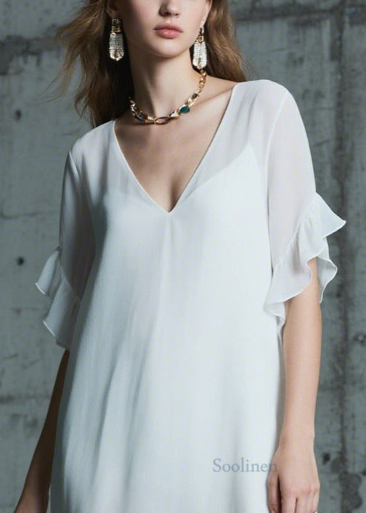 Italian White Ruffled Patchwork Chiffon Long Dress Summer