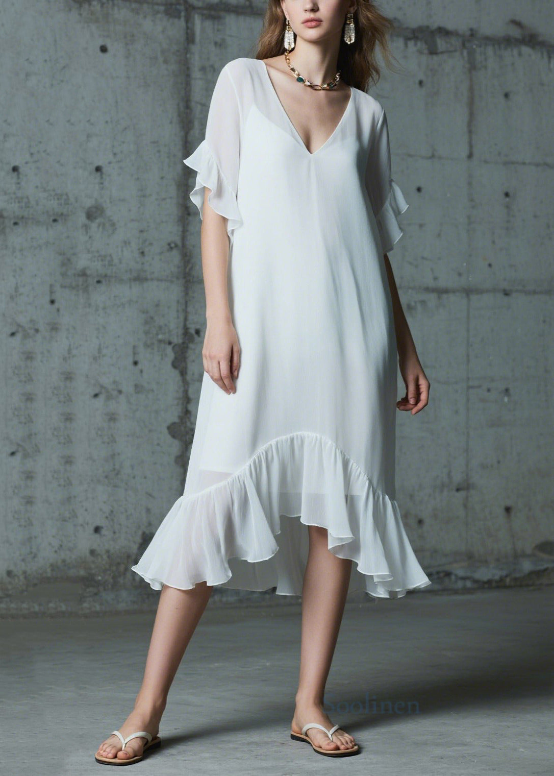 Italian White Ruffled Patchwork Chiffon Long Dress Summer