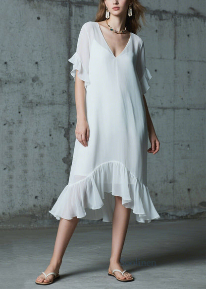 Italian White Ruffled Patchwork Chiffon Long Dress Summer