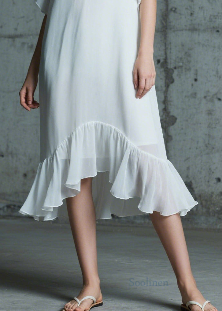 Italian White Ruffled Patchwork Chiffon Long Dress Summer