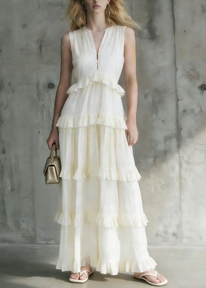 Italian White Ruffled Patchwork Cotton Long Dresses Summer