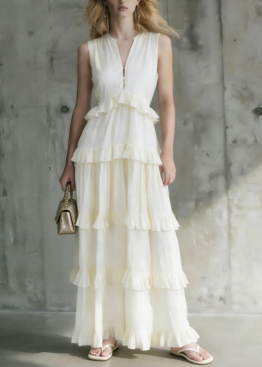 Italian White Ruffled Patchwork Cotton Long Dresses Summer