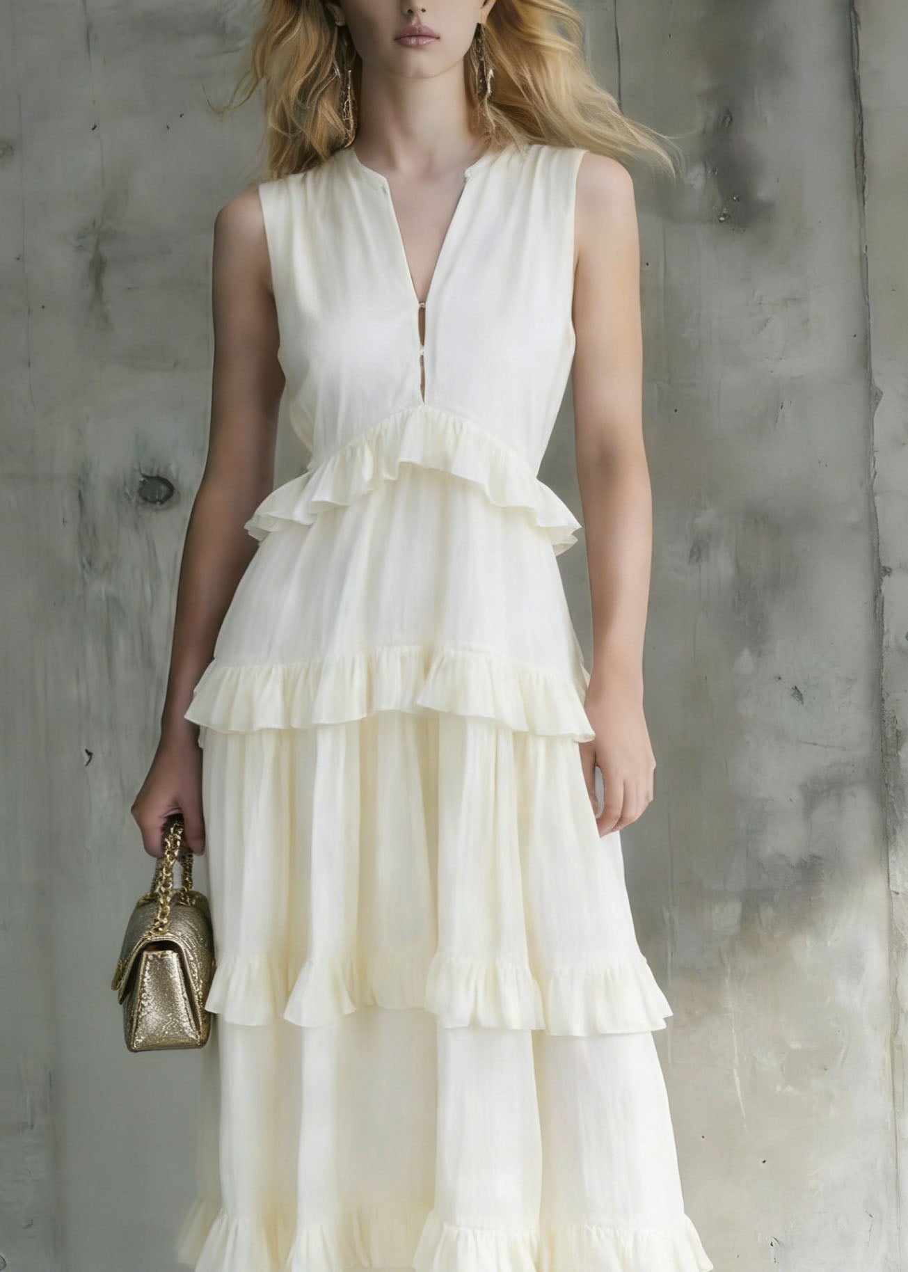 Italian White Ruffled Patchwork Cotton Long Dresses Summer