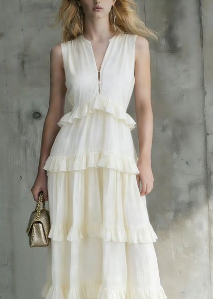 Italian White Ruffled Patchwork Cotton Long Dresses Summer