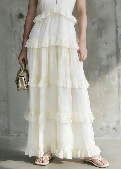 Italian White Ruffled Patchwork Cotton Long Dresses Summer