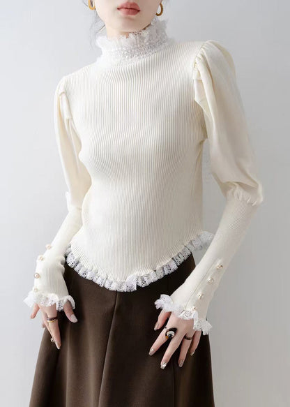 Italian White Silm Fit Patchwork Lace Knitted Tops Winter