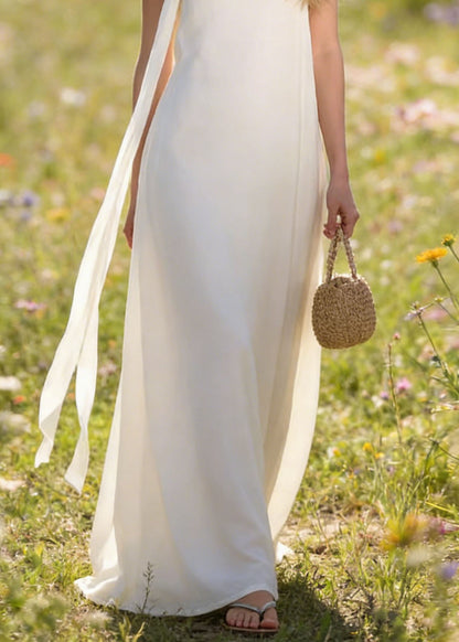 Italian White Simple Chiffon Spaghetti Strap Dress Summer