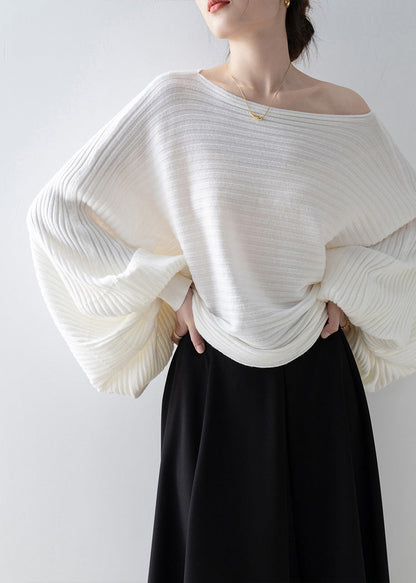 Italian White Slash Neck Knit Sweater Tops Batwing Sleeve