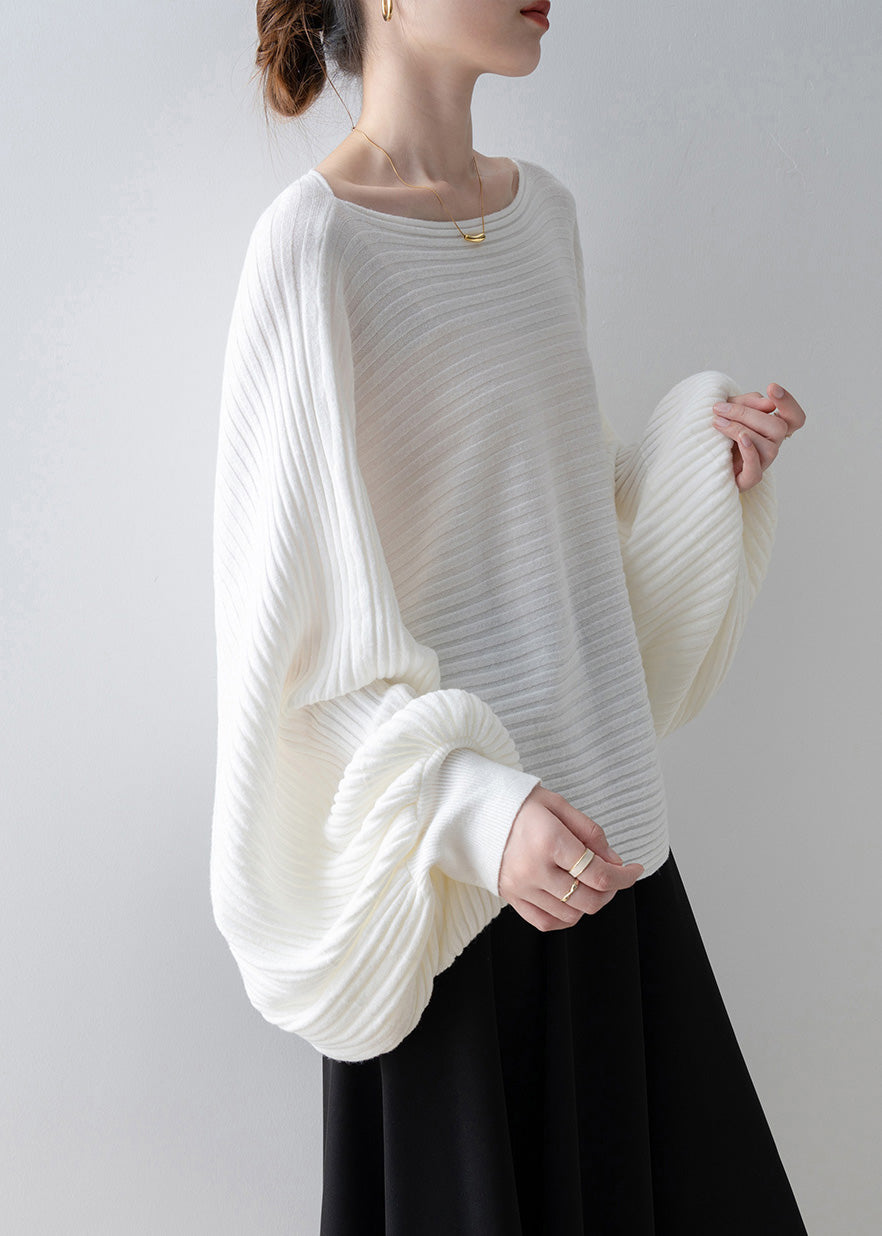 Italian White Slash Neck Knit Sweater Tops Batwing Sleeve
