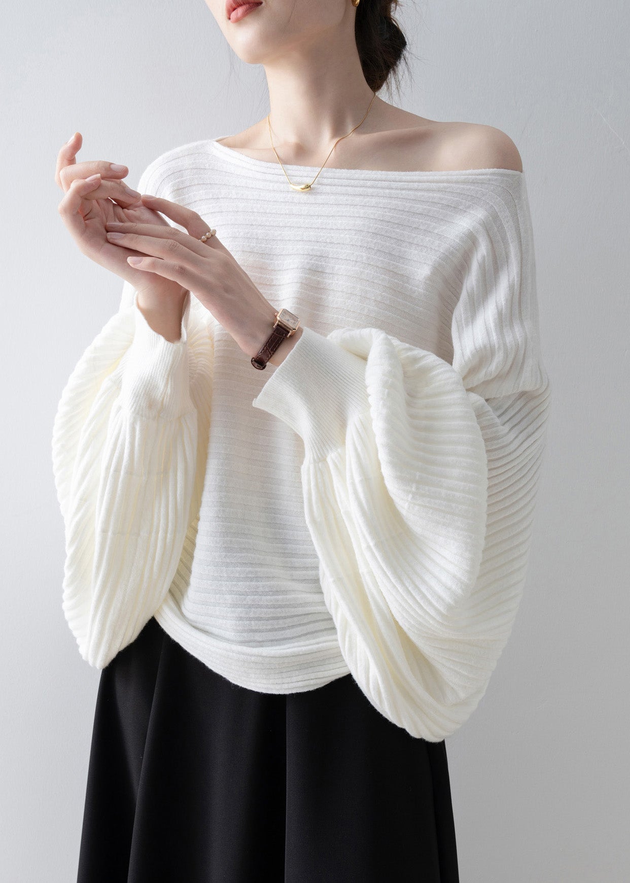 Italian White Slash Neck Knit Sweater Tops Batwing Sleeve
