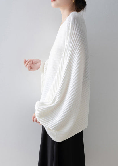 Italian White Slash Neck Knit Sweater Tops Batwing Sleeve