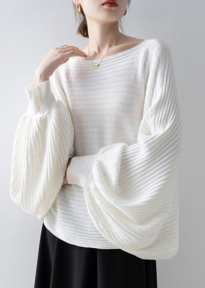 Italian White Slash Neck Knit Sweater Tops Batwing Sleeve