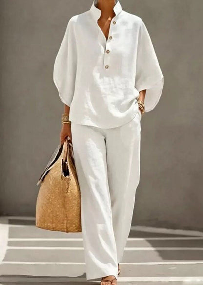 Italian White Stand Collar Cotton Two-Piece Set Fall