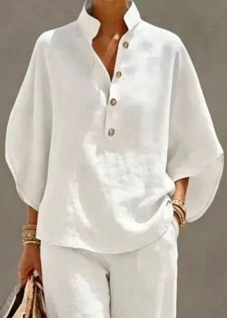 Italian White Stand Collar Cotton Two-Piece Set Fall