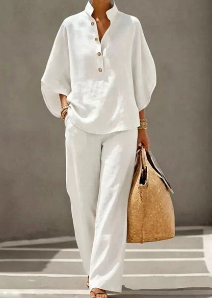 Italian White Stand Collar Cotton Two-Piece Set Fall