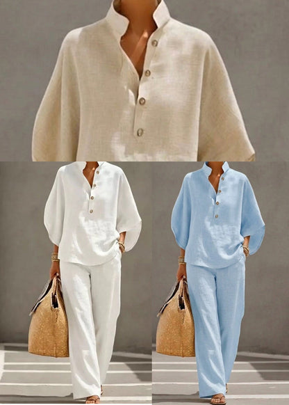 Italian White Stand Collar Cotton Two-Piece Set Fall