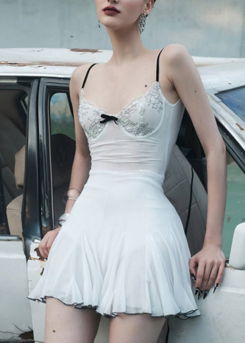 Italian White Stand Collar Tulle Mid Spaghetti Strap Dress Sleeveless